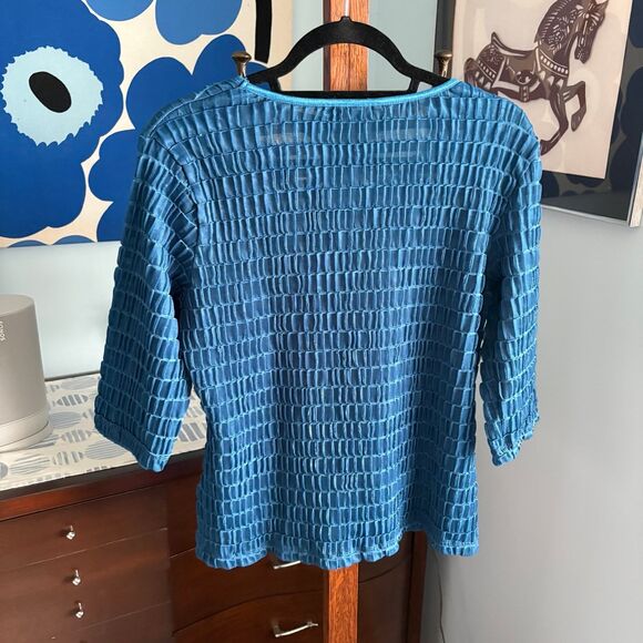 Women's TRIBAL Jewel Tone Blue Textured 3/4 Sleeve Pleated Stretch Top size L - Picture 4 of 7
